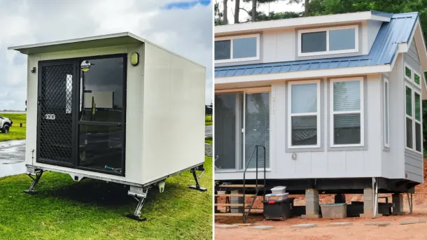 A small, mobile tiny house on wheels parked in a green outdoor setting, showcasing its compact design and cozy features
