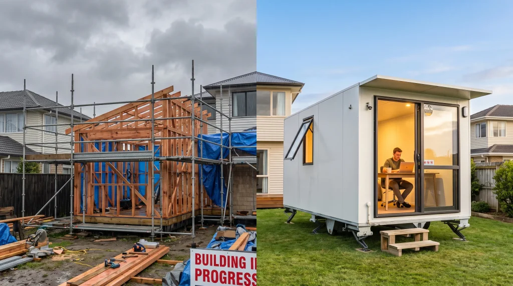 Split scene. On the left, a partly framed extension with scaffolding and a "building in progress" sign.