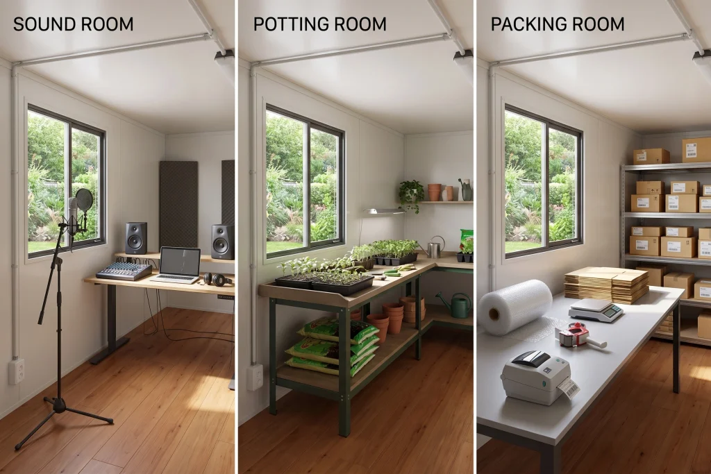 Three creative ways to use a portable cabin: sound room, potting room and online shop packing room.