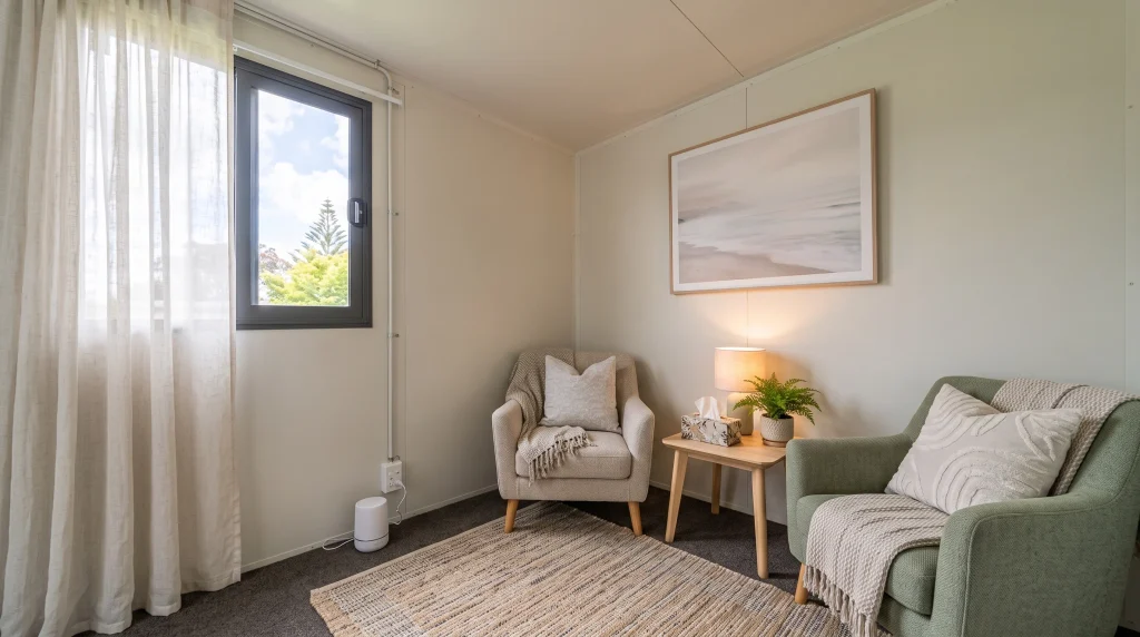 Inside a portable cabin set up as a calm therapy room with two chairs.