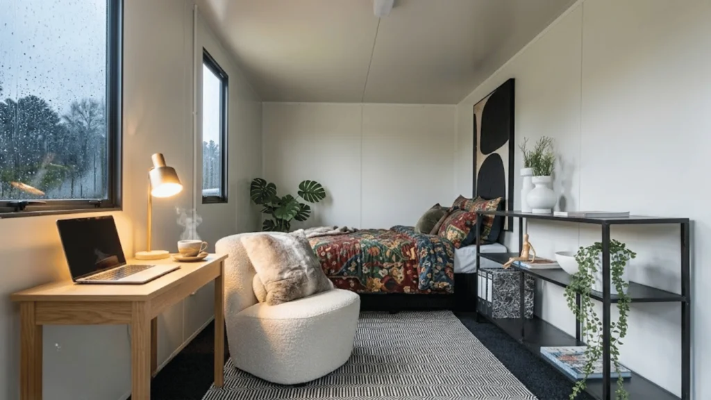 A neatly made queen bed with a thick, colourful winter duvet. A small wooden desk with a laptop and a steaming cup of tea sits in the corner. The walls are clean, light, and modern. portable homes for rent