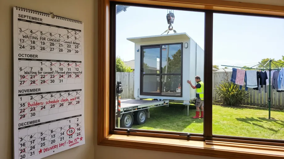 A wall calendar in the foreground with months crossed off, and through the window behind it a cabin being lowered into a backyard.