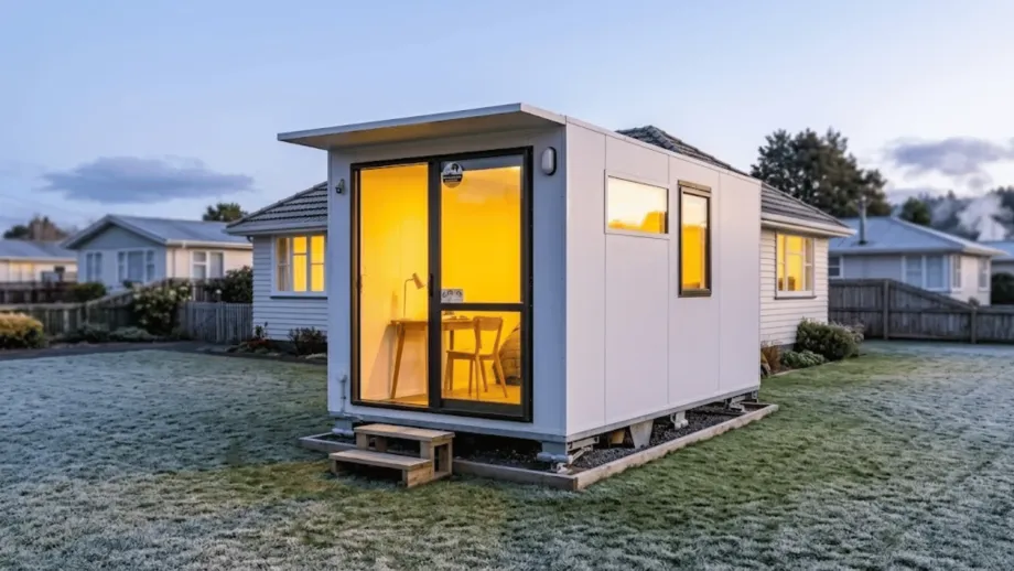 The cabin looks warm and inviting with a soft glowing light coming from the front window. There is a small wooden step at the door. Frost is visible on the grass to show it is winter. portable homes for rent