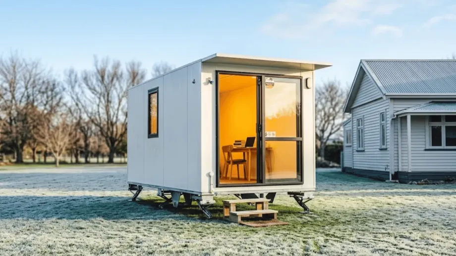 Frost is visible on the grass, but the inside of the cabin glows with a warm, inviting yellow light through the glass door. A small desk and chair are visible inside.