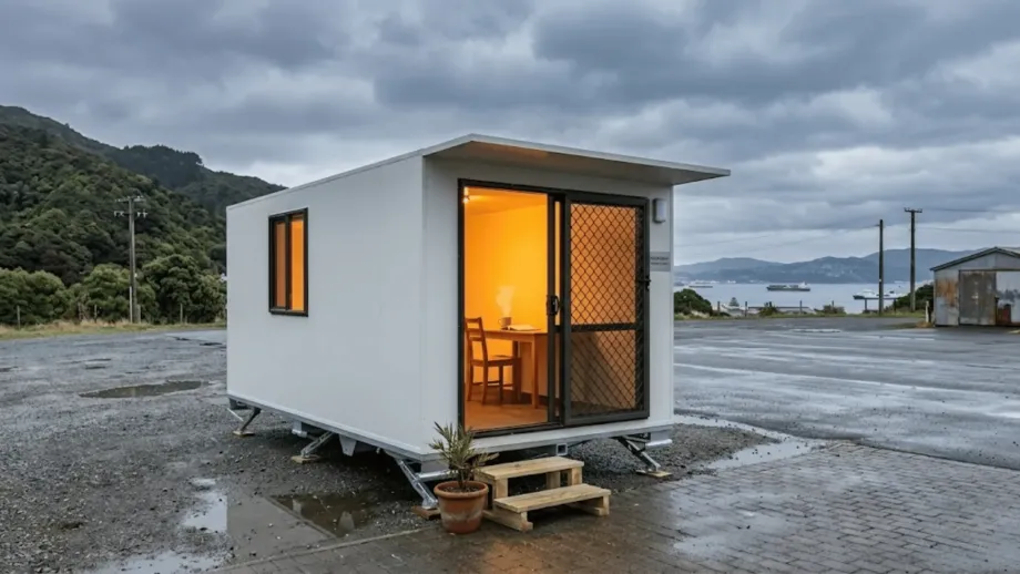 A Room2rent Standard Cabin. A steaming mug of coffee sits on the desk inside. A small potted plant is near the door portable building hire wellington.