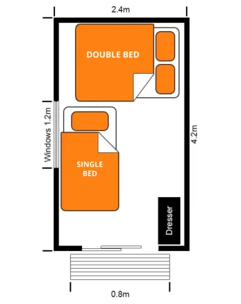 Layout design of a room with two beds, illustrating space for easy movement and accessibility