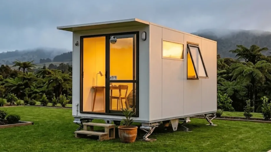 The cabin should look brand new and dry. A small potted native plant sits by the steps. Through the window, the interior looks very inviting, with thick, soft blankets on the bed. cabins to rent rotorua